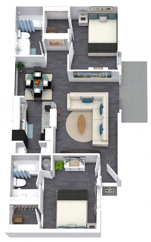 Floor plan for 2 beds, 2 baths, 918 sqft